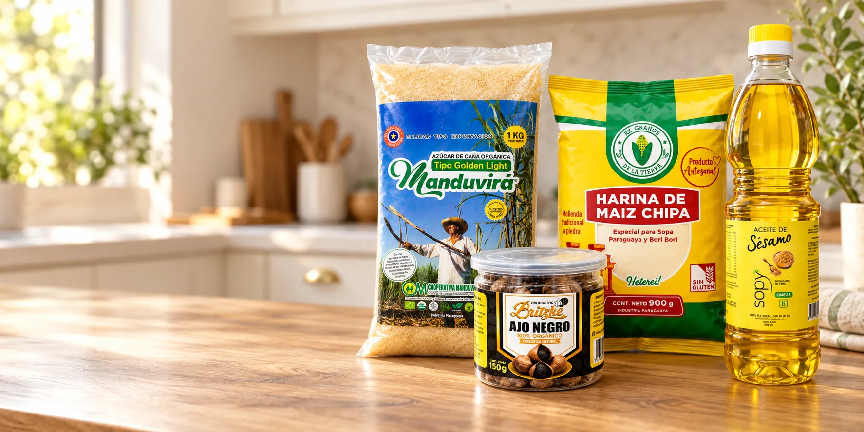 Manduvirá, harina de maíz Chipa RK, aceite de sésamo SOPY y ajo negro Britzke de 150 g en una cocina cálida